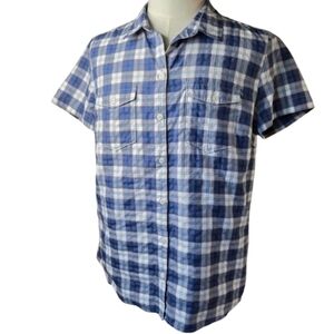 Eddie Bauer Plaid Button Front Shirt Blue White Size XL